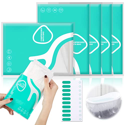 GXF 5 Pack Disposable Bathtub Cover Liner, 102''x47'' Solo Portable Individual Package Bathtub Lining Plastic Bag with Bathtub Stickers Appliques for Travel Salon, Spa, Household Hotel Bath Tubs