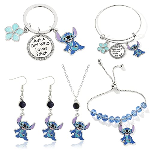 ZHUOXING Stitch Earrings For Women Girls - Ohana Means Family Jewelry Gifts For Girls Stitch Gift Christmas Gifts Stitch Birthday Gifts (6pc blue set gift)