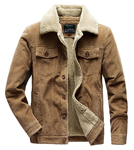 Yhfdflbs Corduroy Jacket Men Sherpa Fleece Lined Trucker Jacket Winter Warm Cowboy Fur Collar Coat Brown XL