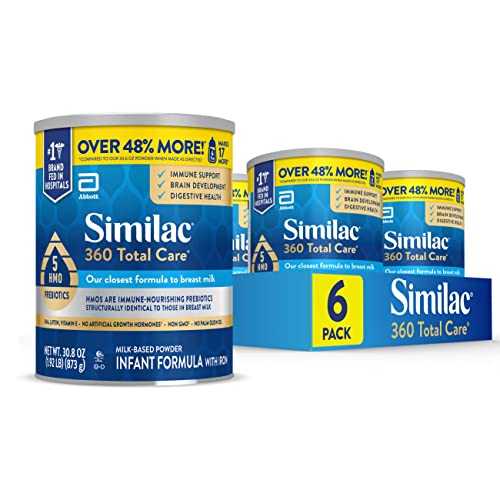 Similac 360 Total Care Infant Formula, with 5 HMO Prebiotics, Our Closest Formula to Breast Milk, Non-GMO, Baby Formula Powder, 30.8-oz Can (Case of 6)