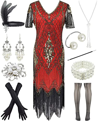 Women 1920s Gatsby Vintage Sequin Flapper Fringe Party Plus Dress with 20s Accessories Set (XXXL, Style Leaf Gold Red)
