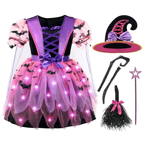 Spooktacular Creations Kid Witch Costume, Girl Light Up Witch Costume with Hat and Broom for Kids, Toddler Halloween Dress Up (Small (5-7 yr))