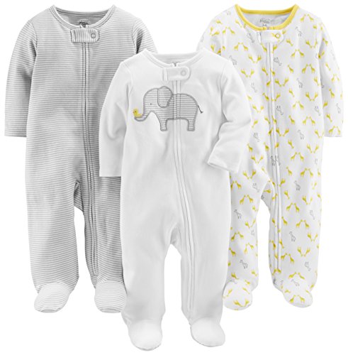 Simple Joys by Carter's Baby Girls' Cotton Footed Sleep and Play, Pack of 3, Light Grey Mini Stripe/White Elephant/Giraffe, Preemie