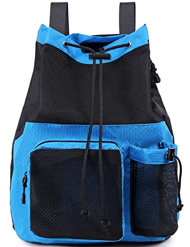 Lohol Large Mesh Drawstring Backpack with Shoe Bag, Durable Swimming String Sack with Handle for Sports Gym Yoga Beach Travel (Blue)