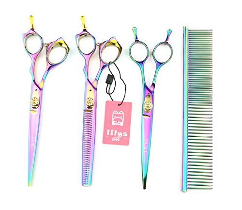LILYS PET HIGH-END SERIES Japan 440C Pet Grooming Scissors Set,Rainbow Color,Cutting&Thinning&Two-way Curved shears Set (7.0')