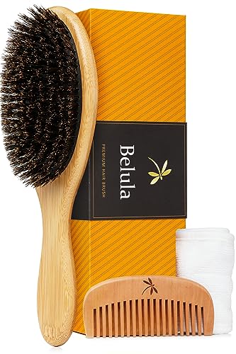 Belula 100% Boar Bristle Hair Brush Set (Medium). Soft Natural Bristles for Thin and Fine Hair. Restore Shine And Texture. Wooden Comb, Travel Bag and Spa Headband Included!