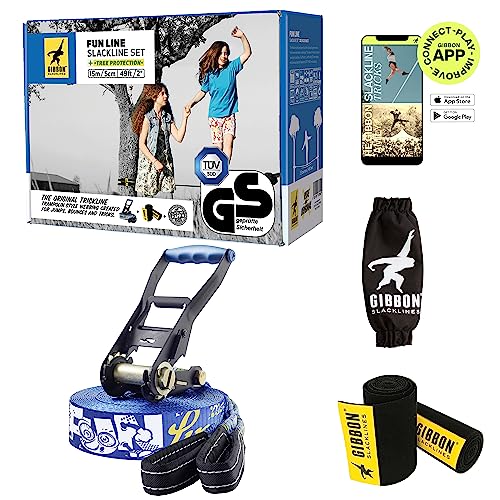 GIBBON Slacklines Funline with treewear, Blue, 49ft (41ft line + 8ft Ratchet Strap with Reinforced Loop) incl. Ratchet Protection, Tree and line Protection (Black Felt) 50mm/2' Wide