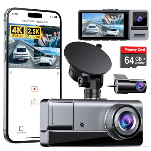 Icesky 3 Channel WiFi Dash Cam with 64GB Card, 4K+1080P Dash Cam Front and Rear, 4K+1080P Front Inside Car Camera, 2.5K+1080P+1080P Three Way Dash Camera for Cars, 24H Parking Mode, Support 256GB Max