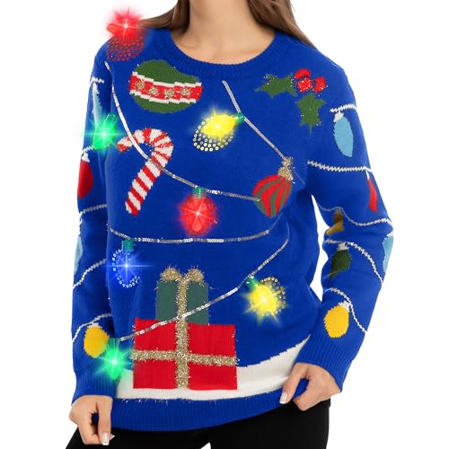 JOYIN Blue String Lights Ugly Sweater with Light Bulb, Novelty LED Light Up Long Sleeve Christmas Pattern Striped Pullover Sweater