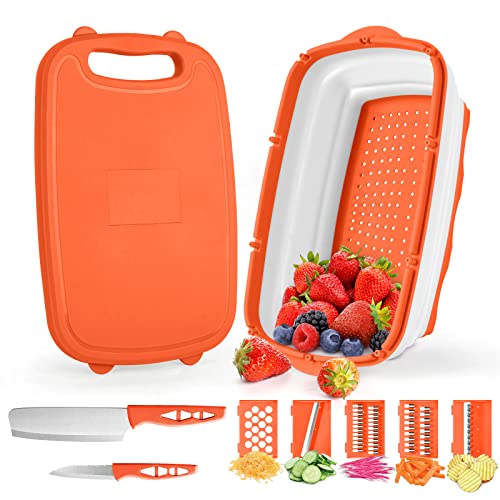 Gintan Camping Cutting Board, 9-in-1 Collapsible Chopping Board with Colander, Gifts for Campers Happy Camper,Camping Accessories for RV Campers(orange)