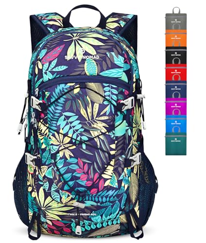 SAVVY NOMAD 40L Hiking Backpack Lightweight Packable Travel Backpack for Women Men-Purple Leaf