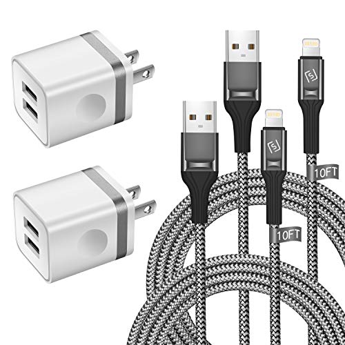 for iPhone Charger Cable 10 FT with Wall Plug, Braided Long iPhone Charging Cord + Dual USB Wall Charger Block Adapter Compatible with iPhone 12/11/11 Pro Max/XS/XR/X/8/7/6 Plus, iPad (4-Pack)