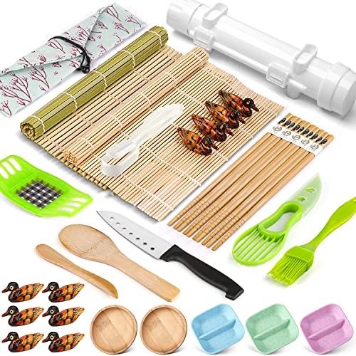 Sushi Making Kit, 28 Pcs Bazooka Maker with Bamboo Rolling Mat, Chopsticks, Paddle, Spreader, Knife for Sushi Lovers Beginners, DIY Sushi Roller Machine