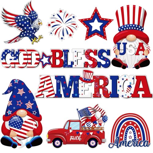 Saysurey 9 Pieces Patriotic Magnets Gnomes Truck Magnetic Stickers God Bless American Fridge Magnet Decals for Independence Day Memorial Veterans Labor Day Refrigerator Door Garage Car Decor