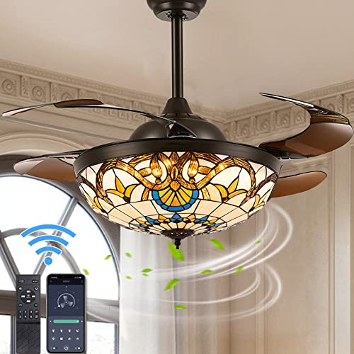 Siljoy Tiffany Retractable Ceiling Fan with Lights Remote & APP Control, 42' Vintage Reversible Stained Ceiling Fan Light, Invisible Silent Fandelier Brightness Adjustable for Bedroom Living Room