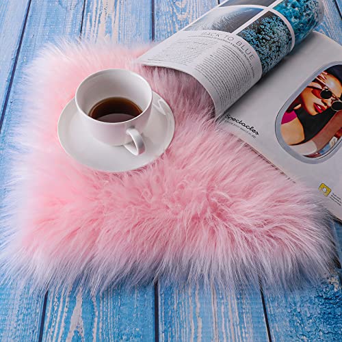 Molain 25 cm Fluffy Rug Faux Fur Carpet Baby Photoshoot Props Holder Small Mini Square Rugs for Bedroom Livingroom Photography Photo Under Nail Mat Table Locker Desk Chair Pad Cover (Pink)