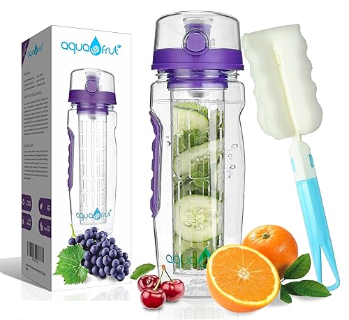 AquaFrut 32 OZ Fruit Infuser Water Bottle BPA-Free Fruit Infusion Sports Bottle - Flip Top Lid w Drinking Spout, Leak Proof, Made of Durable Tritan. Free Recipe eBook! (Purple)