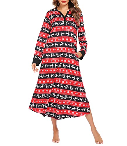 Ekouaer Chrismas Nightgown for Women Holiday Sleepwear Long Nightshirt Full Length Louge Dress V Neck Nightdress with Pockets