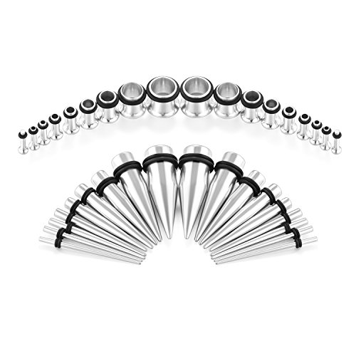 VCMART 14G-00G 36pcs Tapers and Tunnels Ear Gauge Stretching Kit Surgical Stainless Steel