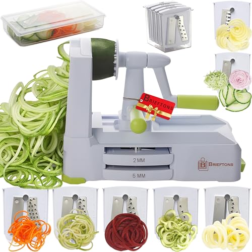 Brieftons 7-Blade Vegetable Spiralizer: Strongest-Heaviest Spiral Slicer, Best Veggie Pasta Spaghetti Maker for Low Carb/Paleo/Gluten-Free Meals, With Container, Lid, Blade Caddy & 4 Recipe Ebooks
