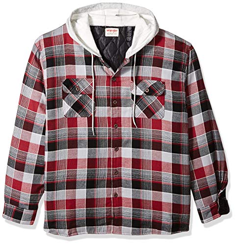 Wrangler Authentics Men's Long Sleeve Quilted Lined Flannel Shirt Jacket with Hood, Biking Red, X-Large