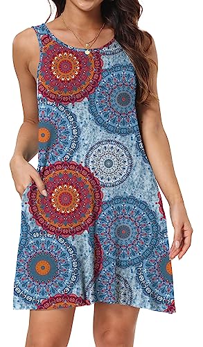 HAOMEILI Women's Floral Print Casual Swing T-Shirt Dresses with Pockets M Mix Blue