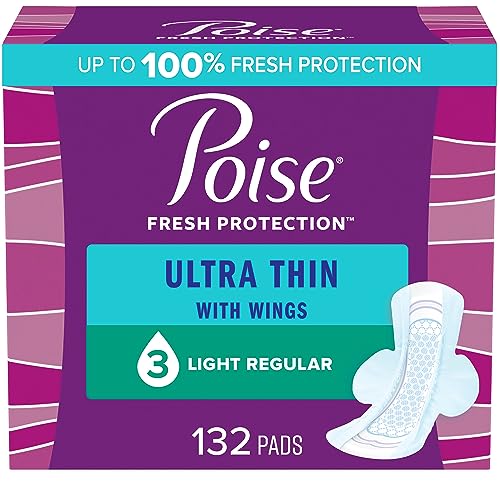 Poise Ultra Thin Incontinence Pads with Wings & Postpartum Incontinence Pads, 3 Drop Light Absorbency, Regular Length, 132 Count (3 Packs of 44), Packaging May Vary