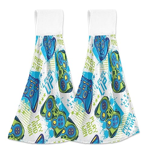 SLHKPNS Joystick Pattern Vintage Kitchen Hanging Hand Towels, Game Joypad Controller Absorbent Tie Towel with Loop 2 PCS Kitchen Linen Sets for Bathroom Restroom Home Decor