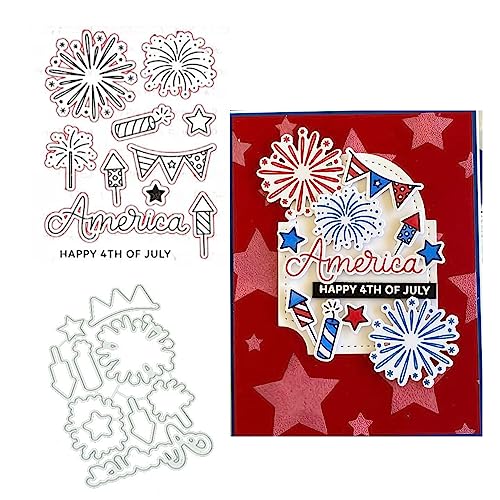 Happy 4TH of July Stamps and Dies Set for Card Making,Clear Stamps and Metal Cutting Dies Sets for Scrapbooking DIY Album Card Making Supplies