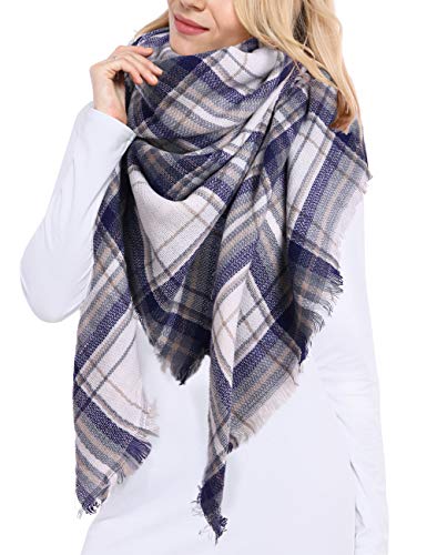 Bess Bridal Women's Plaid Blanket Winter Scarf Warm Cozy Tartan Wrap Oversized Shawl Cape (One Size, White Blue Plaid)