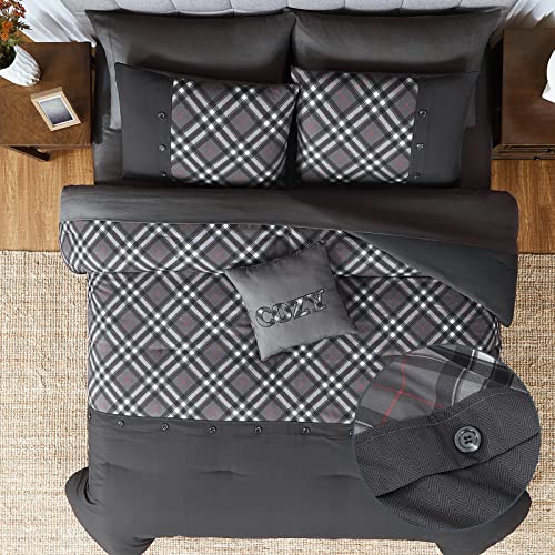 WRENSONGE Plaid Queen Comforter Set, 8 Pieces Grey Printed and Spliced Plaid Herringbone Bedding Set, Microfiber Soft Farmhouse Comforter Set with Decor Pillow, Lightweight Breathable for All Seasons