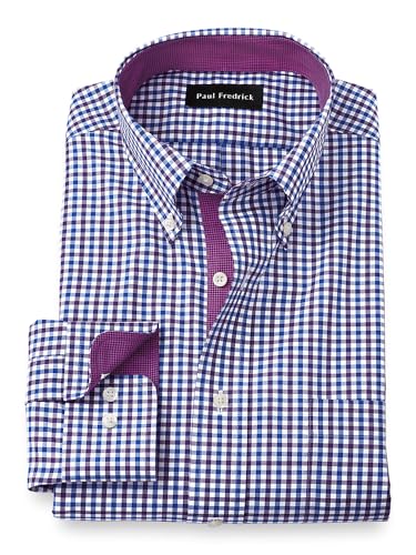 Paul Fredrick Men's Tailored Fit Non-Iron Cotton Gingham Dress Shirt Blue/Purple 16.0/34 DHT575B