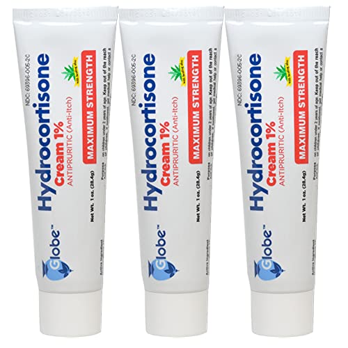 (3 Pack) Globe Hydrocortisone Maximum Strength Cream 1% w/Aloe, Anti-Itch Cream for Redness, Swelling, Itching, Rash, Bug/Mosquito Bites, Eczema, Hemorrhoids & More