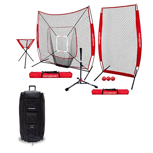 PowerNet All in One 7x7 DLX Practice Net + I-Screen + Tee + Caddy + Weighted Ball + Strike Zone (Red) | All Gear Transporter Bundle