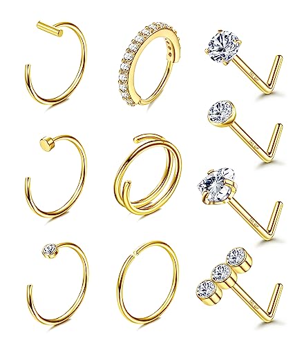 BESTEEL 14K Gold Filled Nose Ring Studs 20G Nose Rings Hoops Stud 316L Stainless Steel Nose Rings Round CZ Heart Simulated Diamond L Shaped Nose Stud Hypoallergenic Nostril Piercing Jewelry for Women Men 10Pcs Gold Style