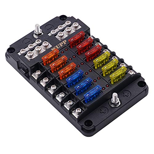 WUPP Boat Marine Fuse Block Panel with LED Warning Indicator Damp-Proof Cover - 12 Circuits with Negative Bus Fuse Box Holder Screw for Car Marine RV Truck DC 12-24V, Fuses Included