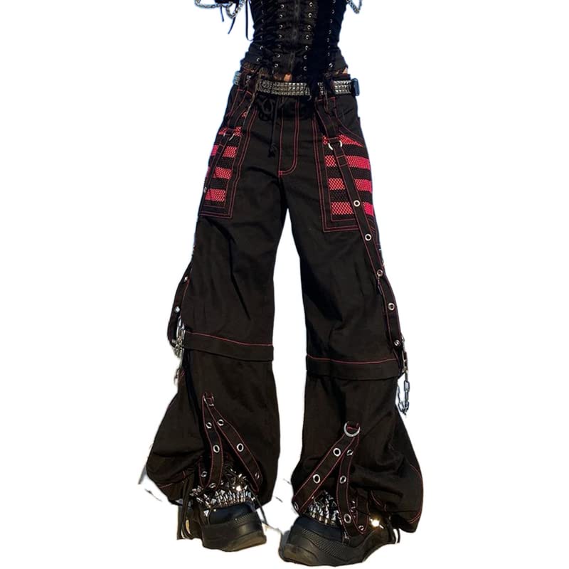 Women Gothic Cargo Jeans Wide Straight Leg Punk Grunge Baggy Pants Goth Aesthetic Y2k Streetwear Trousers(B2 - Black 4,S)