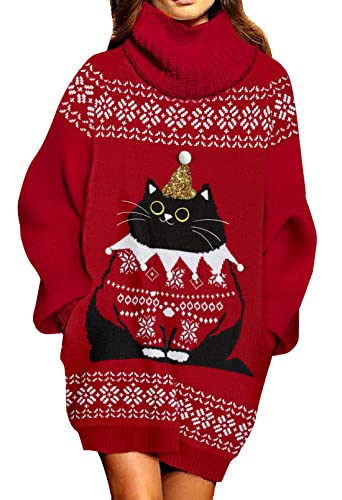 Pink Queen Women Oversize Turtleneck Santa Black Cat Snowflake Funny Christmas Pullover Sweater Dress Red L