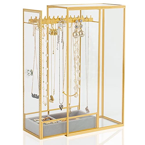 Glass Necklace Organizer Holder, Jewelry Organizer Necklace Holder with Hanging Hooks, Glass Necklaces Display Case for Storage Rings Earrings