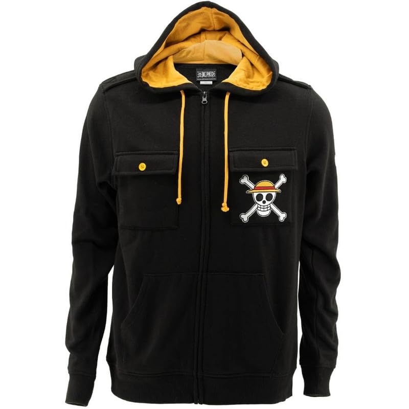 Ripple Junction One Piece Men's Full Zip-Up Hooded Sweatshirt Straw Hat Pirate Crew Luffy Jolly Roger Anime Hoodie LG Black