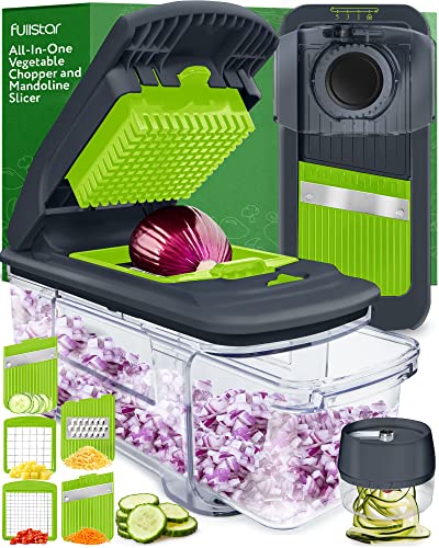 Fullstar All-in-1 Vegetable Chopper, Mandoline Slicer & Cheese Grater - Multi Blade French Fry Cutter & Veggie Dicer - Includes Bonus Handheld Spiralizer & Kitchen Gadgets (5 in 1, Gray/Green)