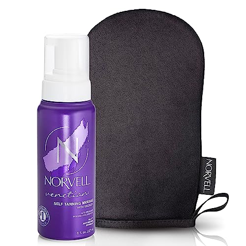 Norvell Sunless Self Tanning Bundle - Venetian Self Tanner Mousse with Bronzer, 8 Fl Oz + Streak-Free Tan Applicator Mitt - Premium Natural Looking Self Tanning Foam and Washable Self Tan Mitt