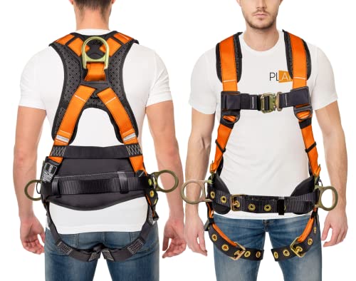Palmer Safety ATERET Full Body 5 point Harness, Padded Back Support, Quick-Connect Buckle, Grommet Legs, Back&Side D-Rings, OSHA ANSI Industrial Roofing Personal Equipment (High Vis Orange - LG),