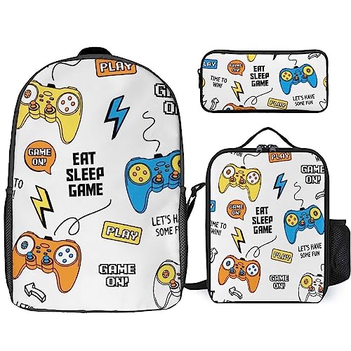 NAWFIVE Backpack with Lunch Bag And Pencil Case for Men And Women Mode Joystick Gamepad Lightweight Casual Daypacks 3 Set for Work,Travel,Hiking
