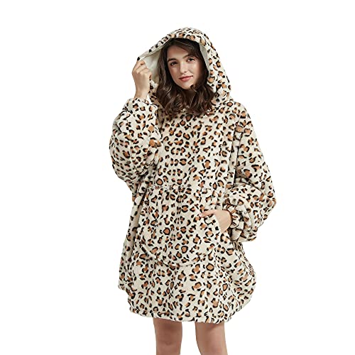 Viviland Blanket Hoodie Oversized Sweatshirt Soft Warm Giant Pullover with Large Front Pocket,Gifts for Women Men Teenagers, Cheetah Print Beige