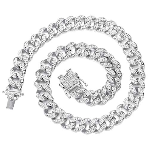 Wealthmao 13mm Cuban Link Chain for Mens Women Heavy Strong Iced Out Miami Curb Bling Hip Hop Necklace Silver Plated Rhinestone CZ Clasp Jewelry Choker Chain 18'