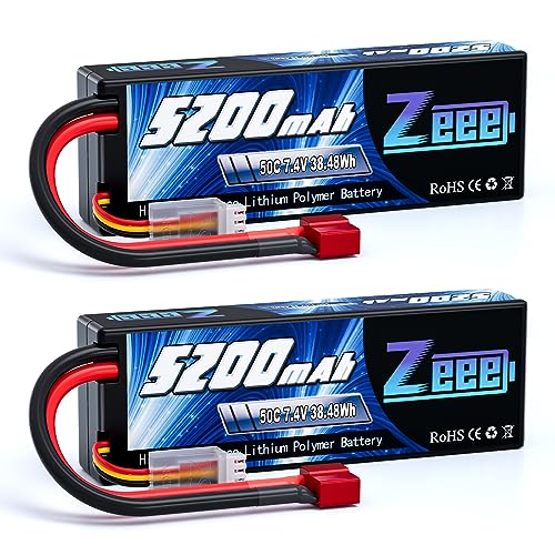 Zeee 7.4V Lipo Battery 2S 50C 5200mAh Lipos Hard Case with Dean-Style T Connector for RC Car Trucks 1/8 1/10 RC Vehicles(2 Packs)