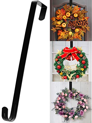 Komotu 15' Wreath Hanger for Front Door - Halloween Christmas Fall Easter Decoration Metal Over The Door Single Hook Ornament Wreath Door Hanger (Black)