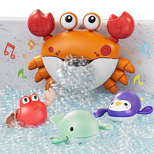 TUMAMA Baby Bath Toy,Musical Bath Bubble Maker Machine,3 Wind-Up Bathtub Toys,Crab Shower Water Toy for Toddlers Kids Boys Girls,4 Pieces