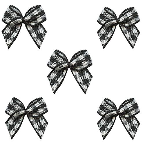 VIVIQUEN 50pcs Mini Gingham Ribbon Bows Checkered Ribbon Flowers Plaid Ribbon Bow Appliques DIY Craft for Sewing, Scrapbooking, Wedding, Gift (Black and White)